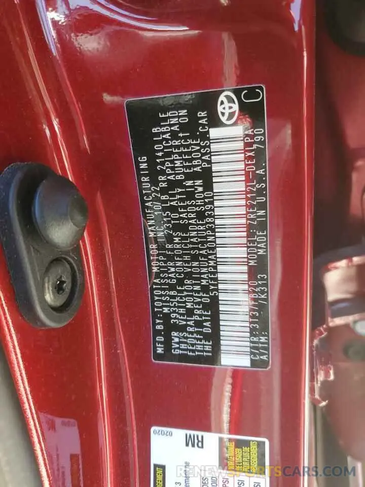 14 Фотография поврежденного автомобиля 5YFEPMAE0NP383910 TOYOTA COROLLA 2022