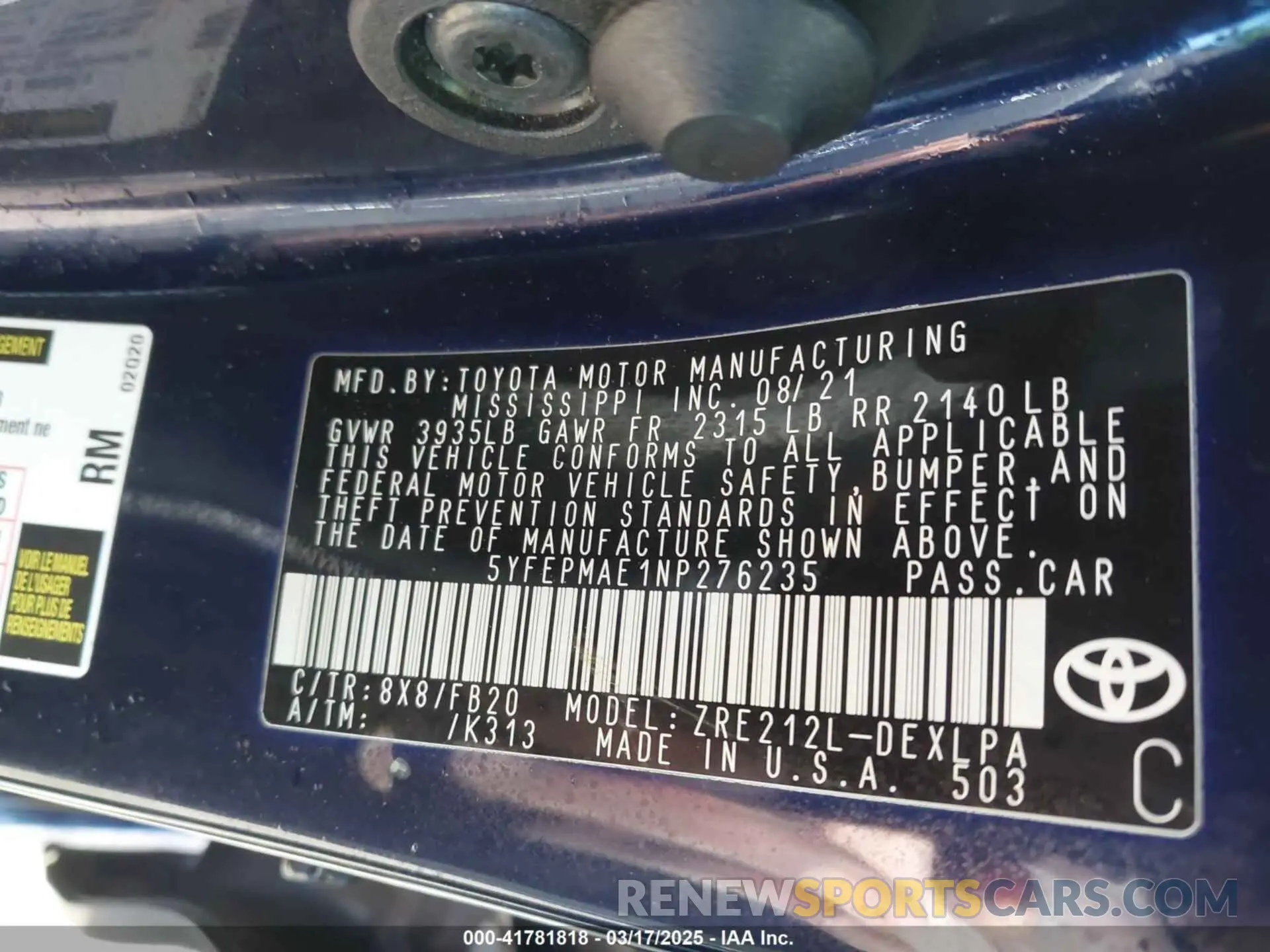 9 Фотография поврежденного автомобиля 5YFEPMAE1NP276235 TOYOTA COROLLA 2022