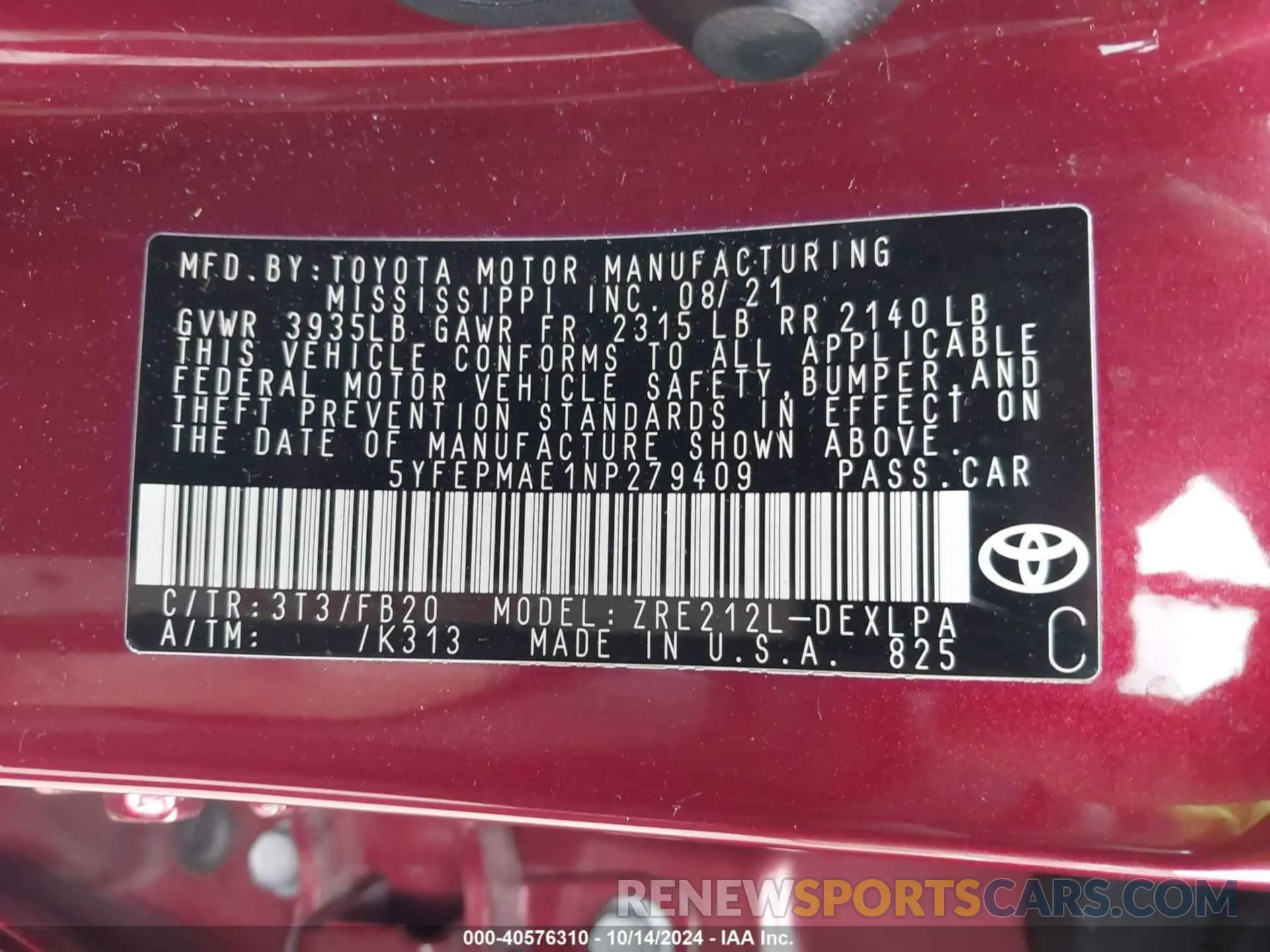 9 Photograph of a damaged car 5YFEPMAE1NP279409 TOYOTA COROLLA 2022