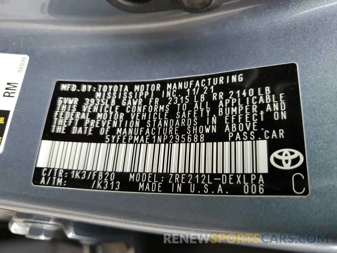 12 Photograph of a damaged car 5YFEPMAE1NP295688 TOYOTA COROLLA 2022