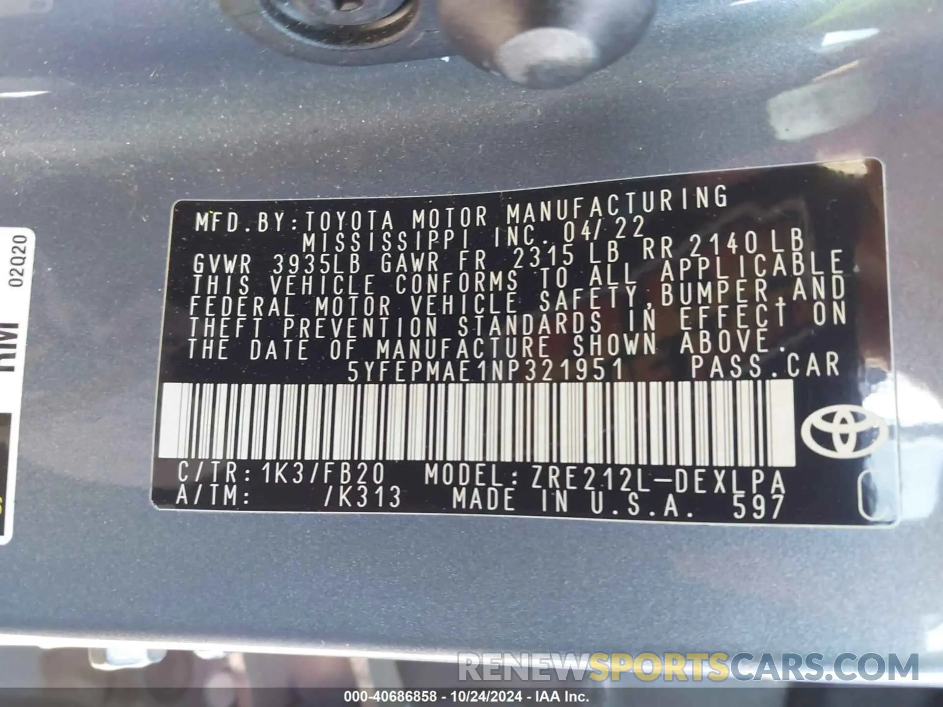 9 Фотография поврежденного автомобиля 5YFEPMAE1NP321951 TOYOTA COROLLA 2022