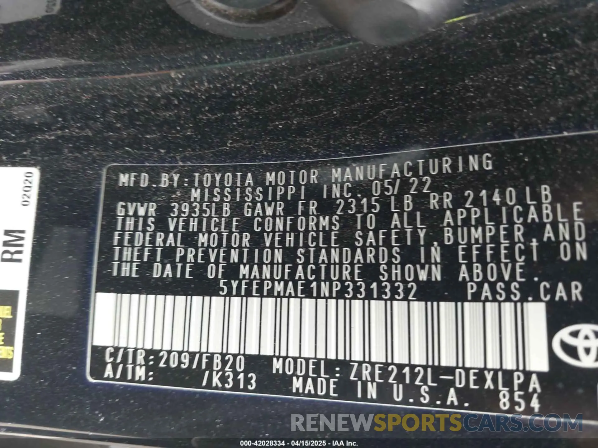 9 Фотография поврежденного автомобиля 5YFEPMAE1NP331332 TOYOTA COROLLA 2022