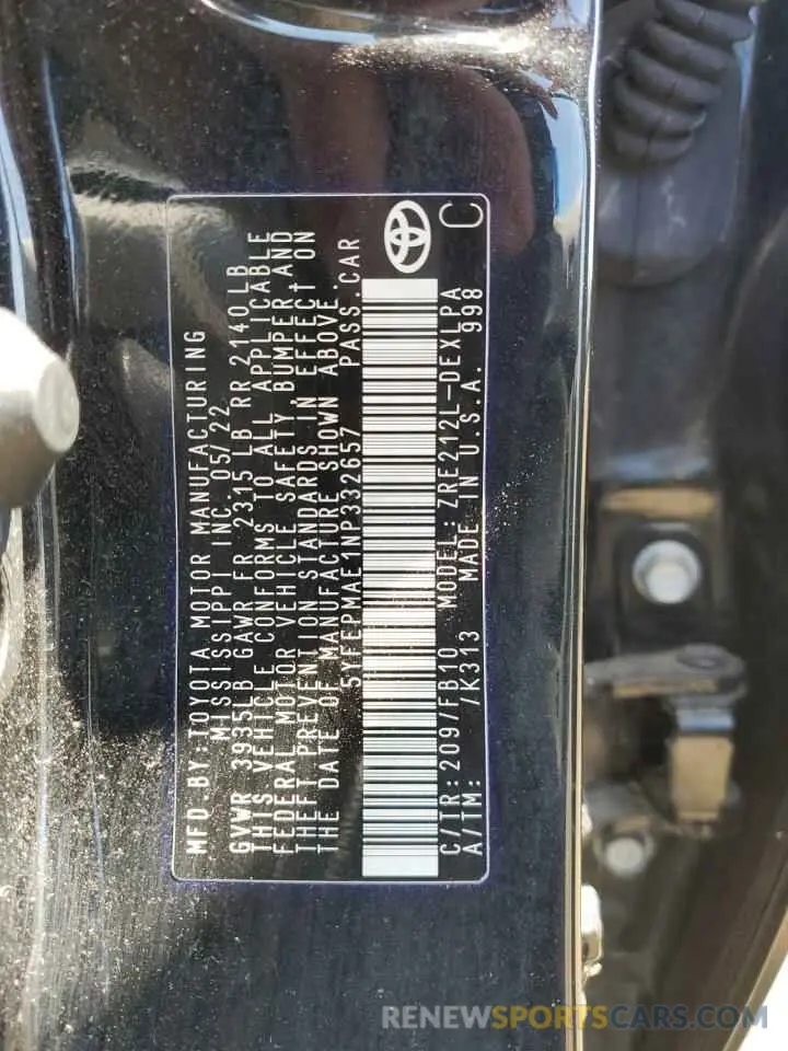 12 Фотография поврежденного автомобиля 5YFEPMAE1NP332657 TOYOTA COROLLA 2022