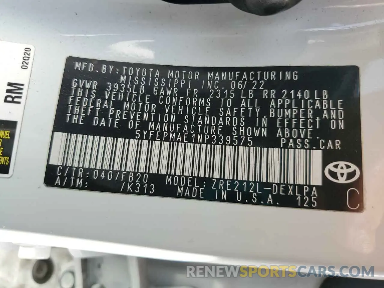 12 Фотография поврежденного автомобиля 5YFEPMAE1NP339575 TOYOTA COROLLA 2022