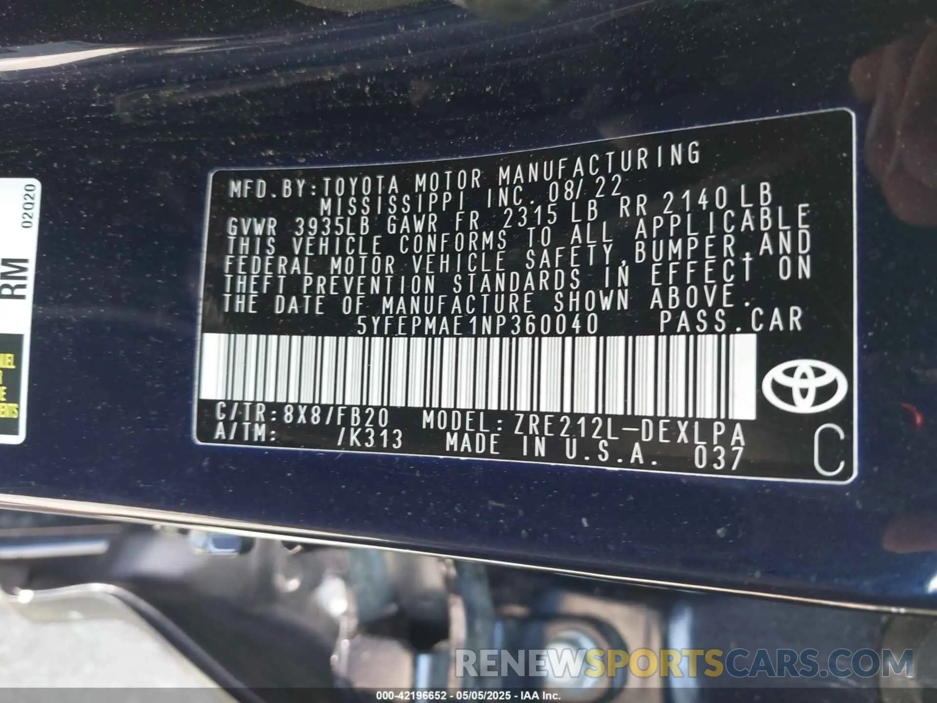 9 Photograph of a damaged car 5YFEPMAE1NP360040 TOYOTA COROLLA 2022