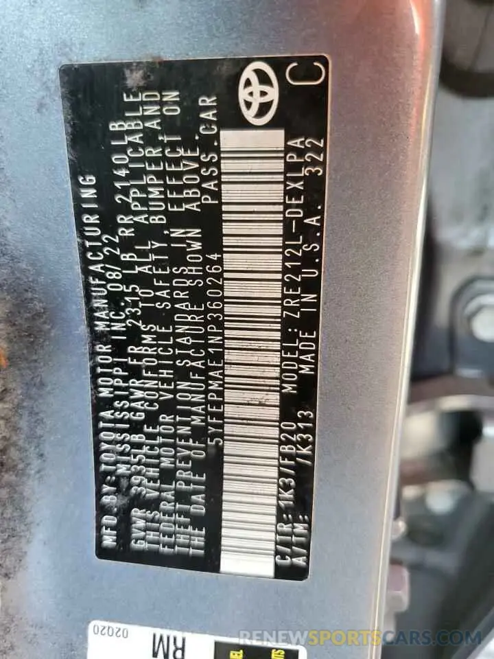 12 Photograph of a damaged car 5YFEPMAE1NP360264 TOYOTA COROLLA 2022