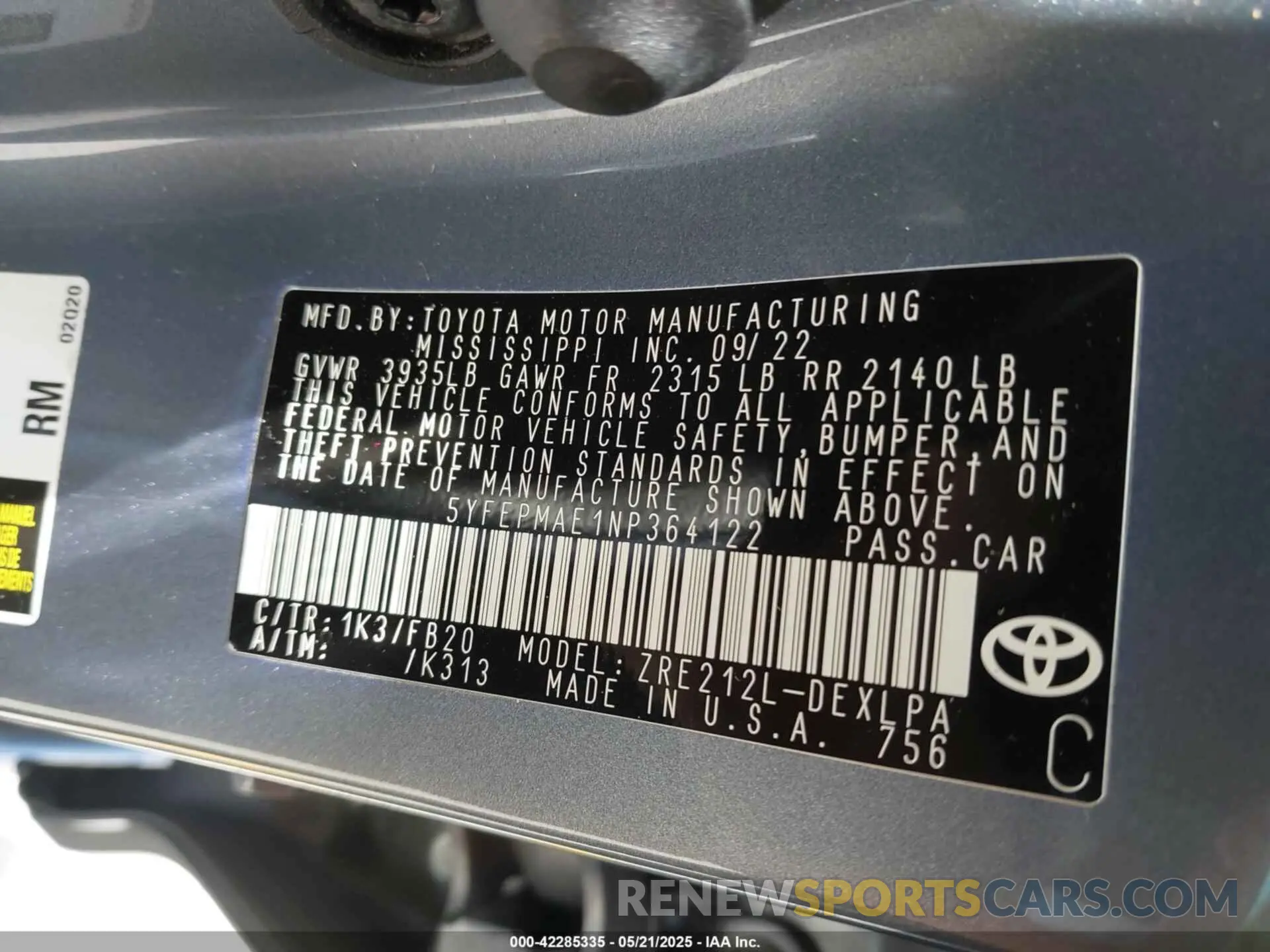 9 Photograph of a damaged car 5YFEPMAE1NP364122 TOYOTA COROLLA 2022