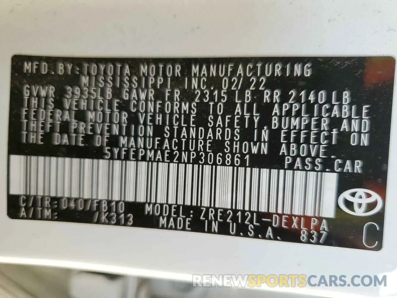 12 Photograph of a damaged car 5YFEPMAE2NP306861 TOYOTA COROLLA 2022