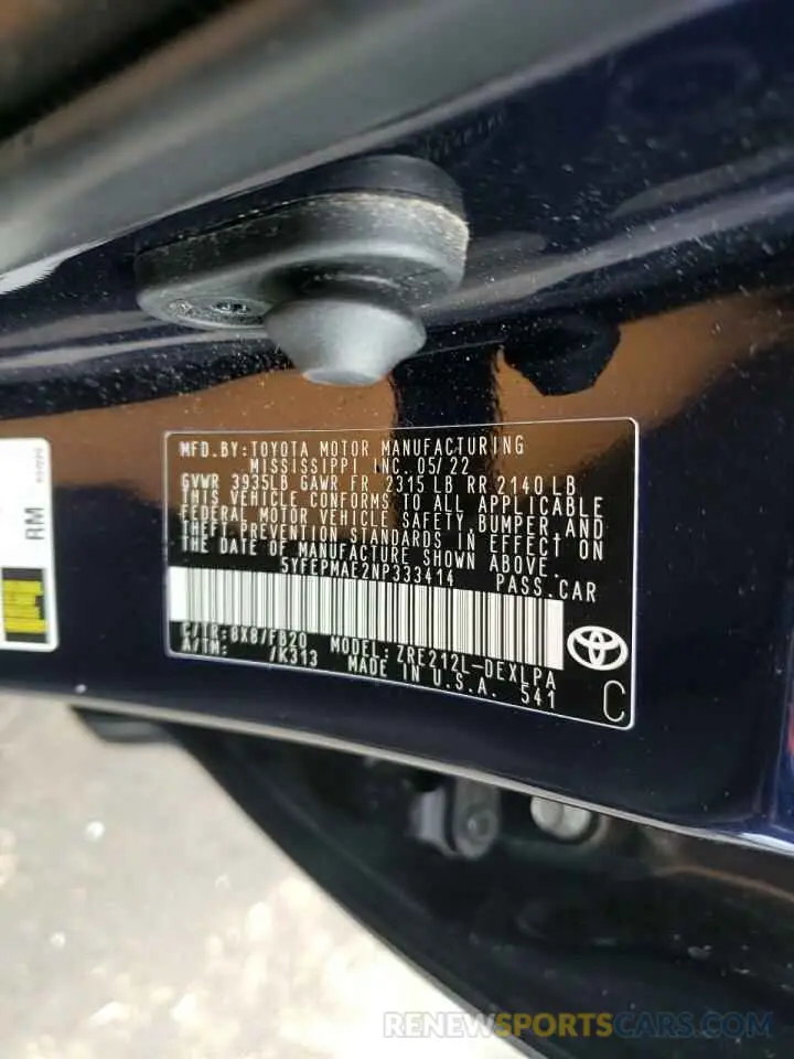 14 Photograph of a damaged car 5YFEPMAE2NP333414 TOYOTA COROLLA 2022