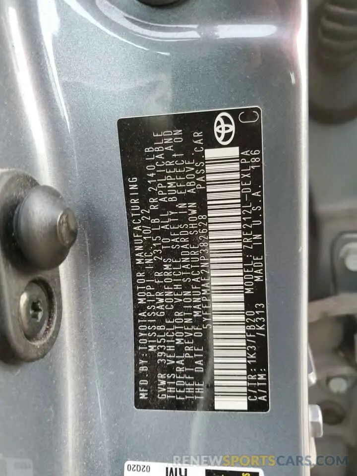 13 Фотография поврежденного автомобиля 5YFEPMAE2NP382628 TOYOTA COROLLA 2022