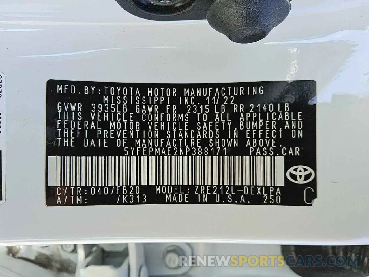 12 Photograph of a damaged car 5YFEPMAE2NP388171 TOYOTA COROLLA 2022