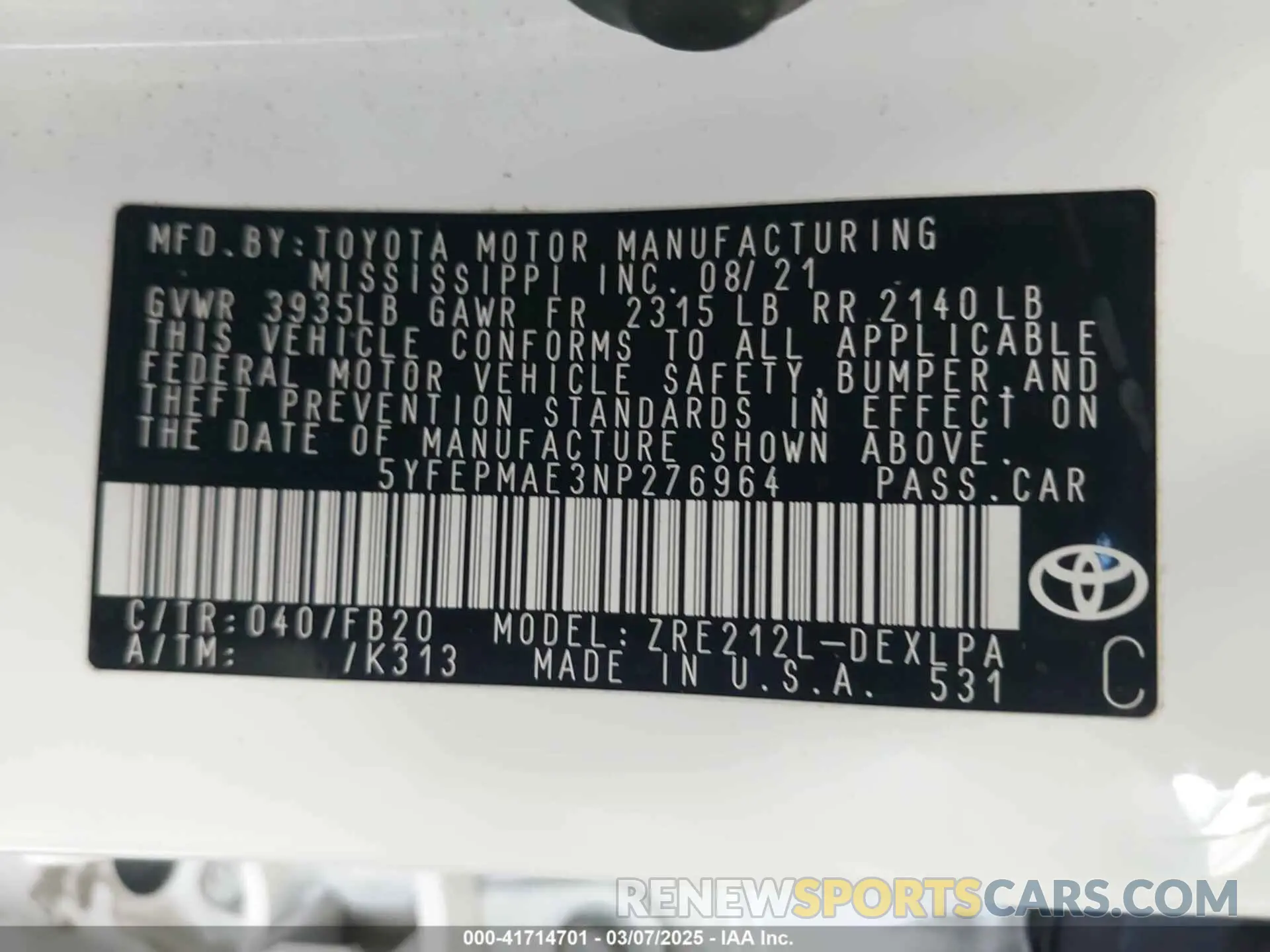 9 Фотография поврежденного автомобиля 5YFEPMAE3NP276964 TOYOTA COROLLA 2022