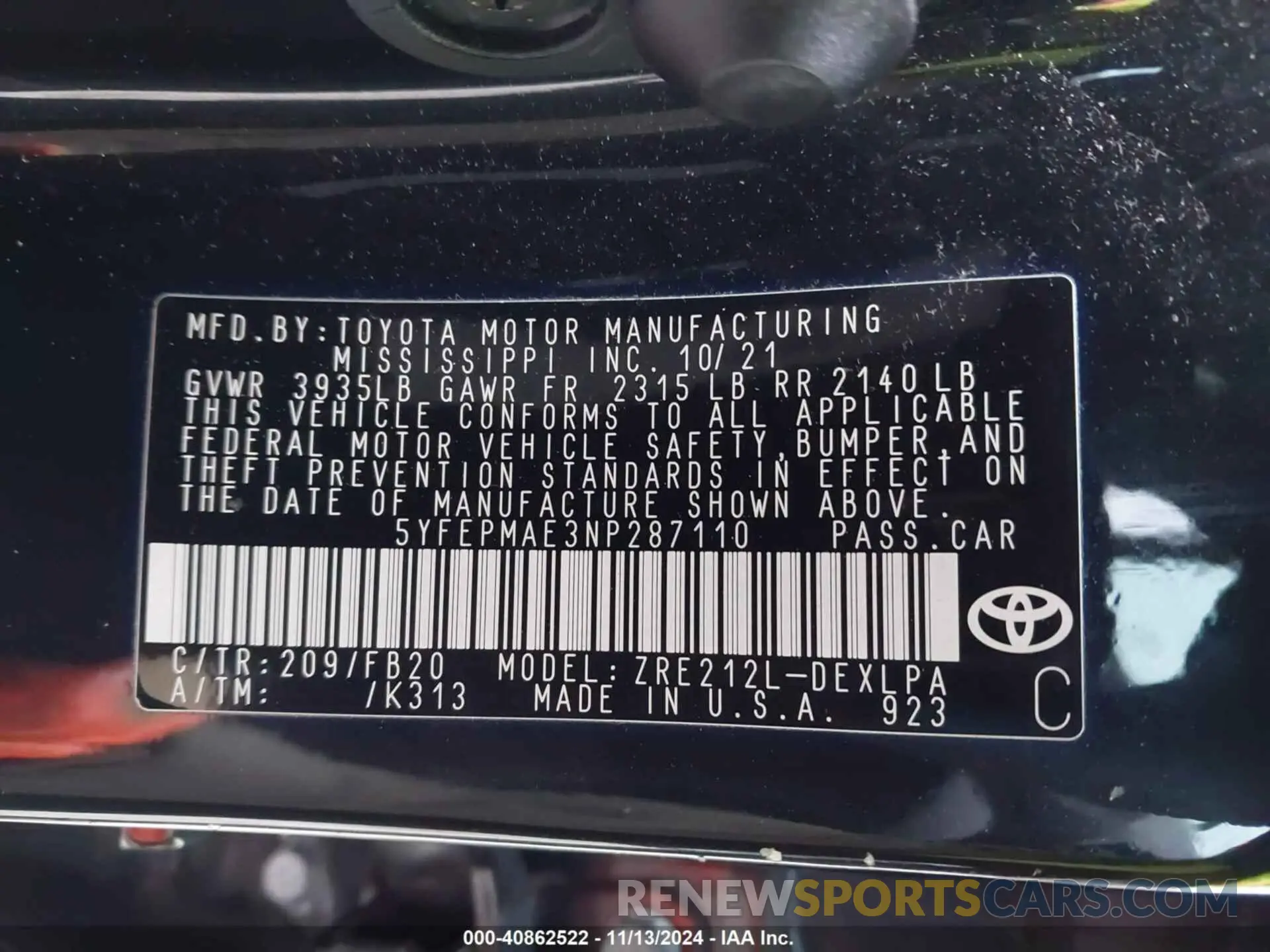 9 Фотография поврежденного автомобиля 5YFEPMAE3NP287110 TOYOTA COROLLA 2022