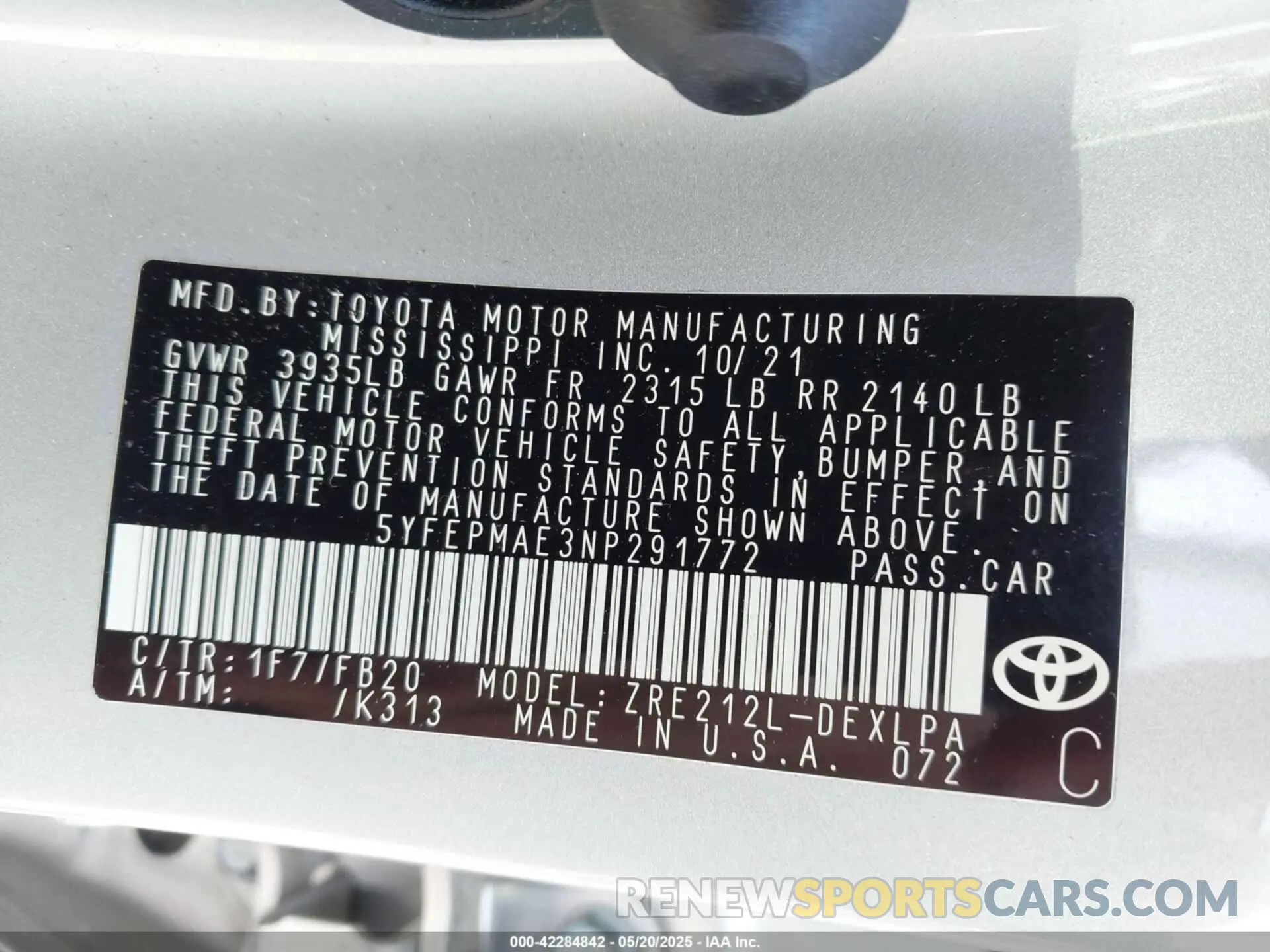 9 Фотография поврежденного автомобиля 5YFEPMAE3NP291772 TOYOTA COROLLA 2022