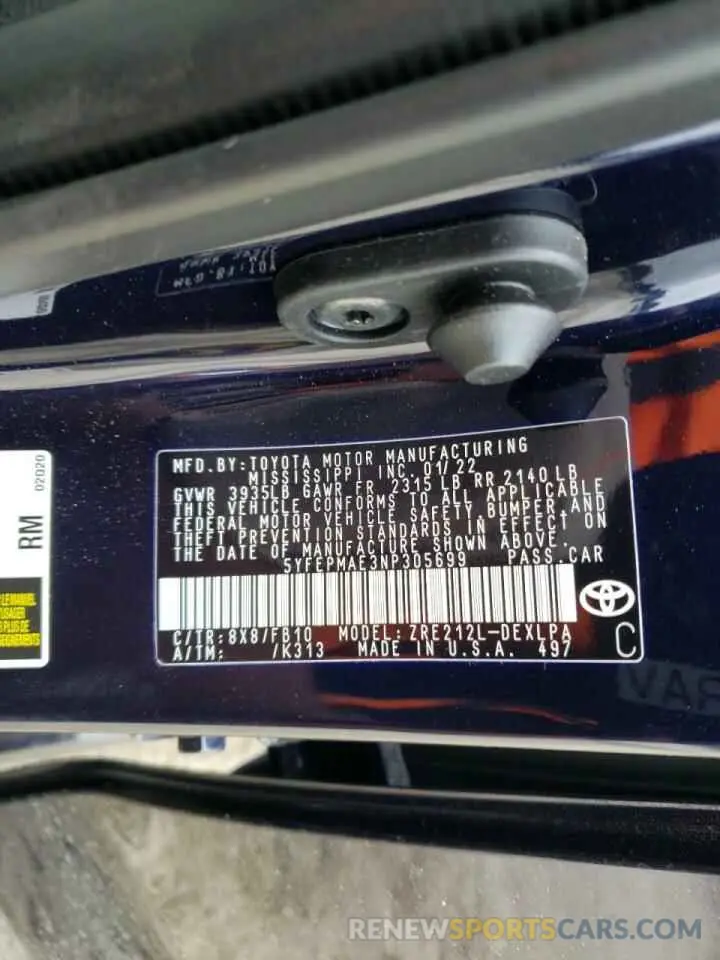 10 Фотография поврежденного автомобиля 5YFEPMAE3NP305699 TOYOTA COROLLA 2022