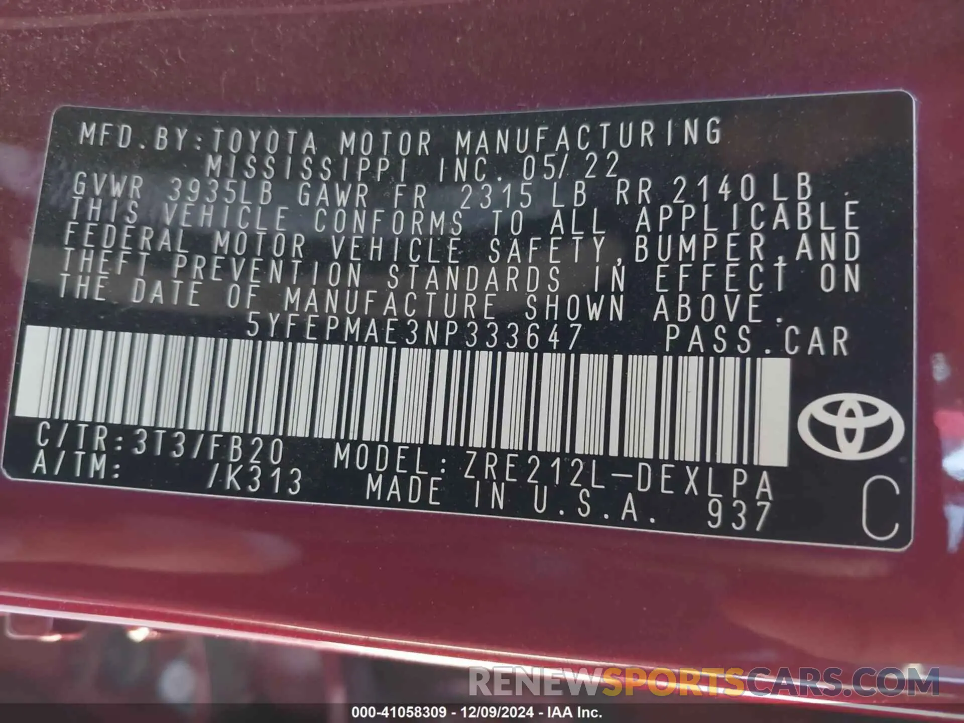 9 Фотография поврежденного автомобиля 5YFEPMAE3NP333647 TOYOTA COROLLA 2022