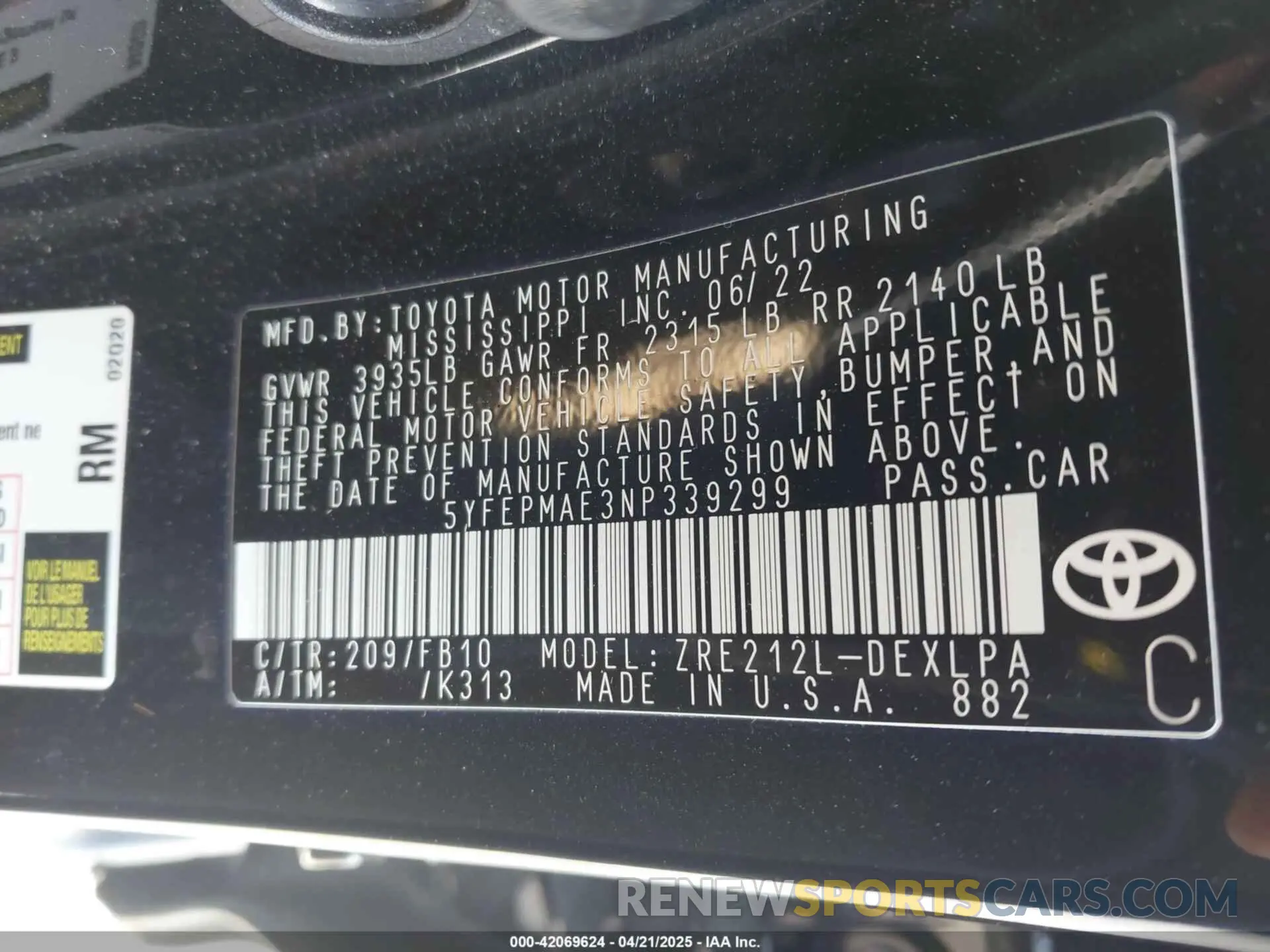 9 Photograph of a damaged car 5YFEPMAE3NP339299 TOYOTA COROLLA 2022