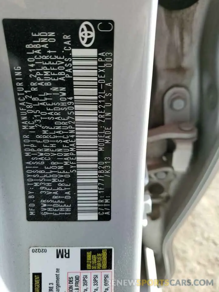 12 Фотография поврежденного автомобиля 5YFEPMAE4NP275094 TOYOTA COROLLA 2022