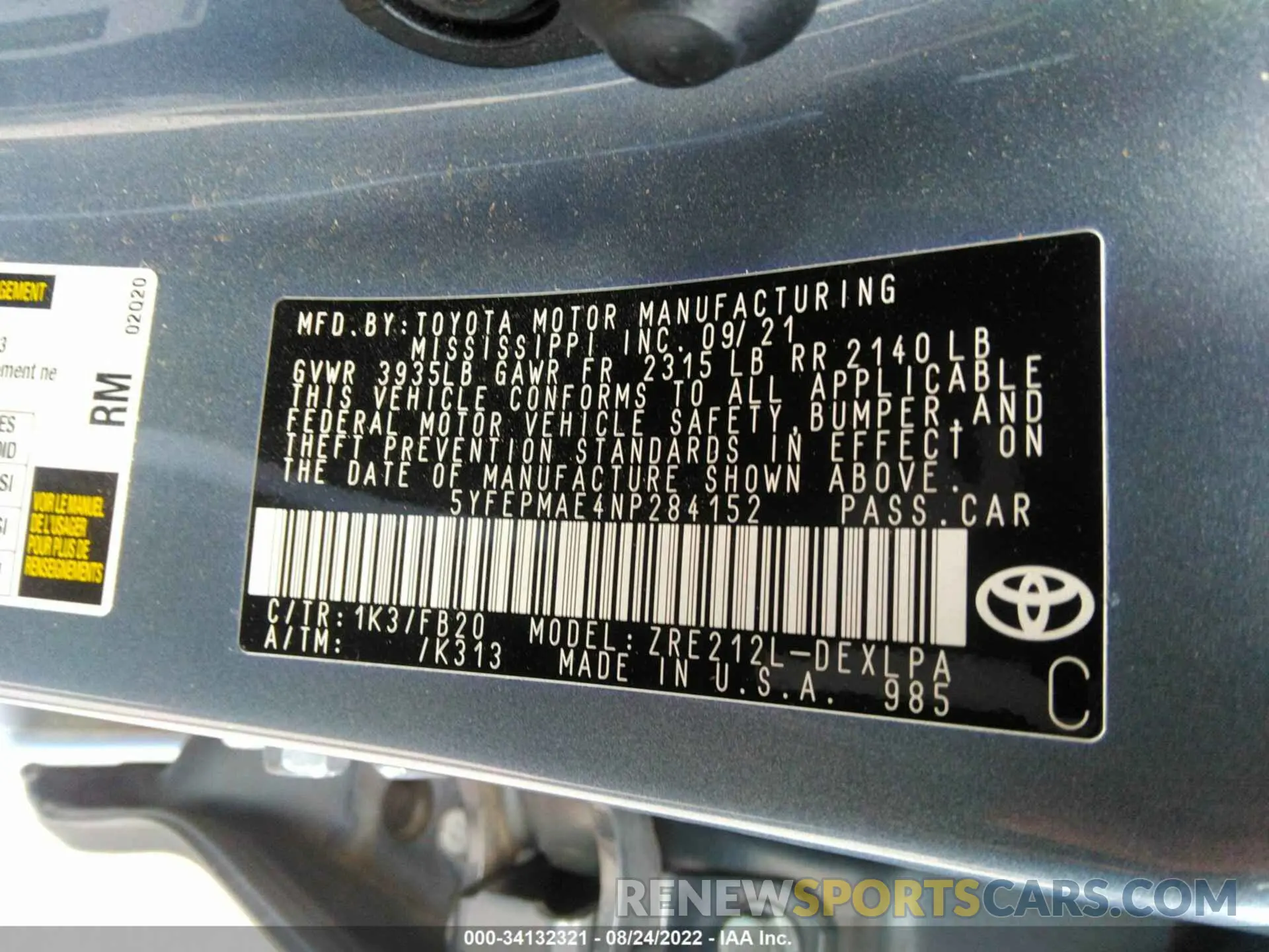 9 Фотография поврежденного автомобиля 5YFEPMAE4NP284152 TOYOTA COROLLA 2022