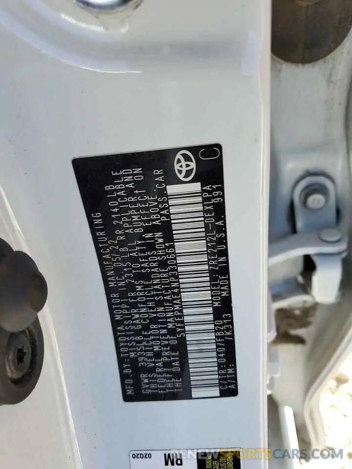 13 Photograph of a damaged car 5YFEPMAE4NP330661 TOYOTA COROLLA 2022