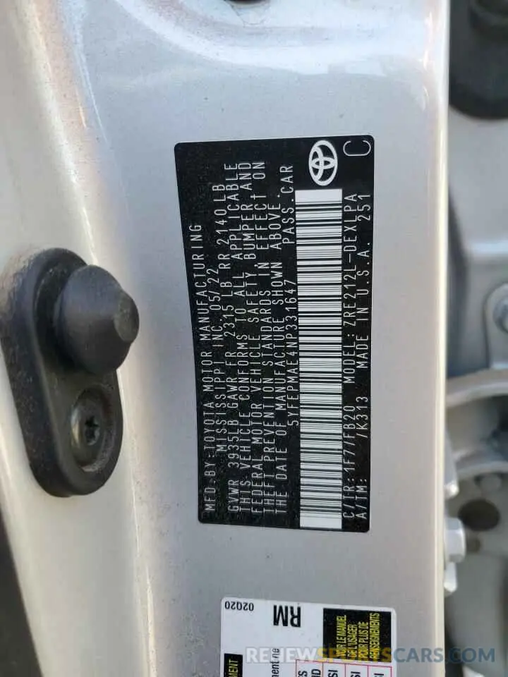 12 Фотография поврежденного автомобиля 5YFEPMAE4NP331647 TOYOTA COROLLA 2022
