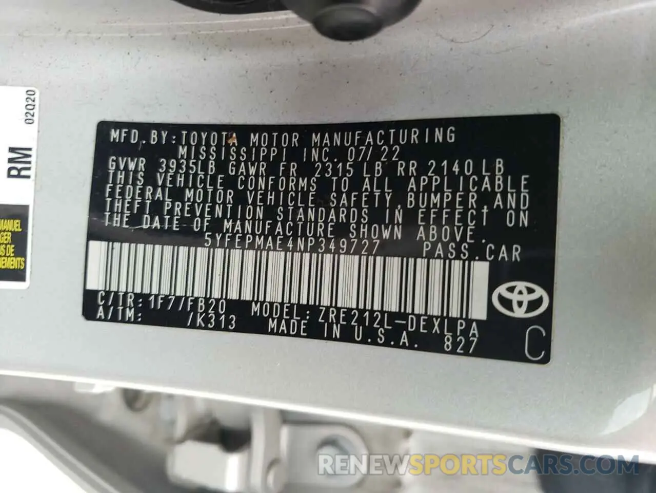 14 Photograph of a damaged car 5YFEPMAE4NP349727 TOYOTA COROLLA 2022