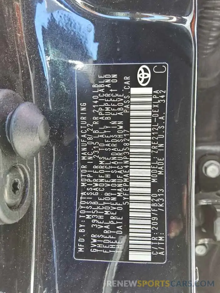 12 Photograph of a damaged car 5YFEPMAE4NP358217 TOYOTA COROLLA 2022