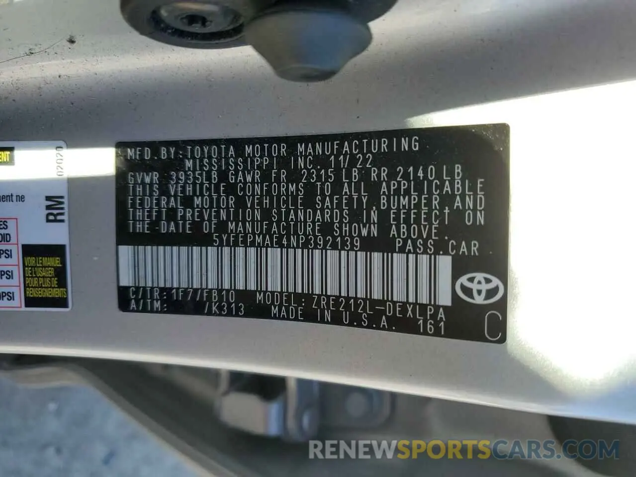 13 Фотография поврежденного автомобиля 5YFEPMAE4NP392139 TOYOTA COROLLA 2022