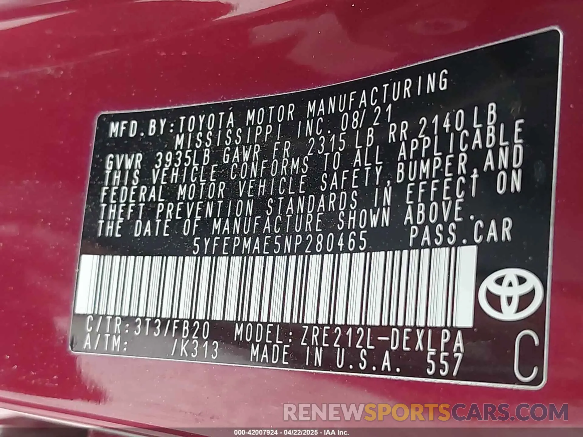 9 Photograph of a damaged car 5YFEPMAE5NP280465 TOYOTA COROLLA 2022