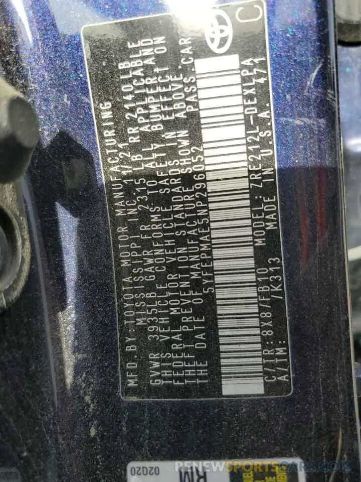 13 Photograph of a damaged car 5YFEPMAE5NP296052 TOYOTA COROLLA 2022