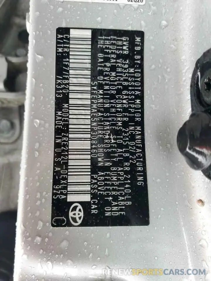 12 Photograph of a damaged car 5YFEPMAE5NP308460 TOYOTA COROLLA 2022
