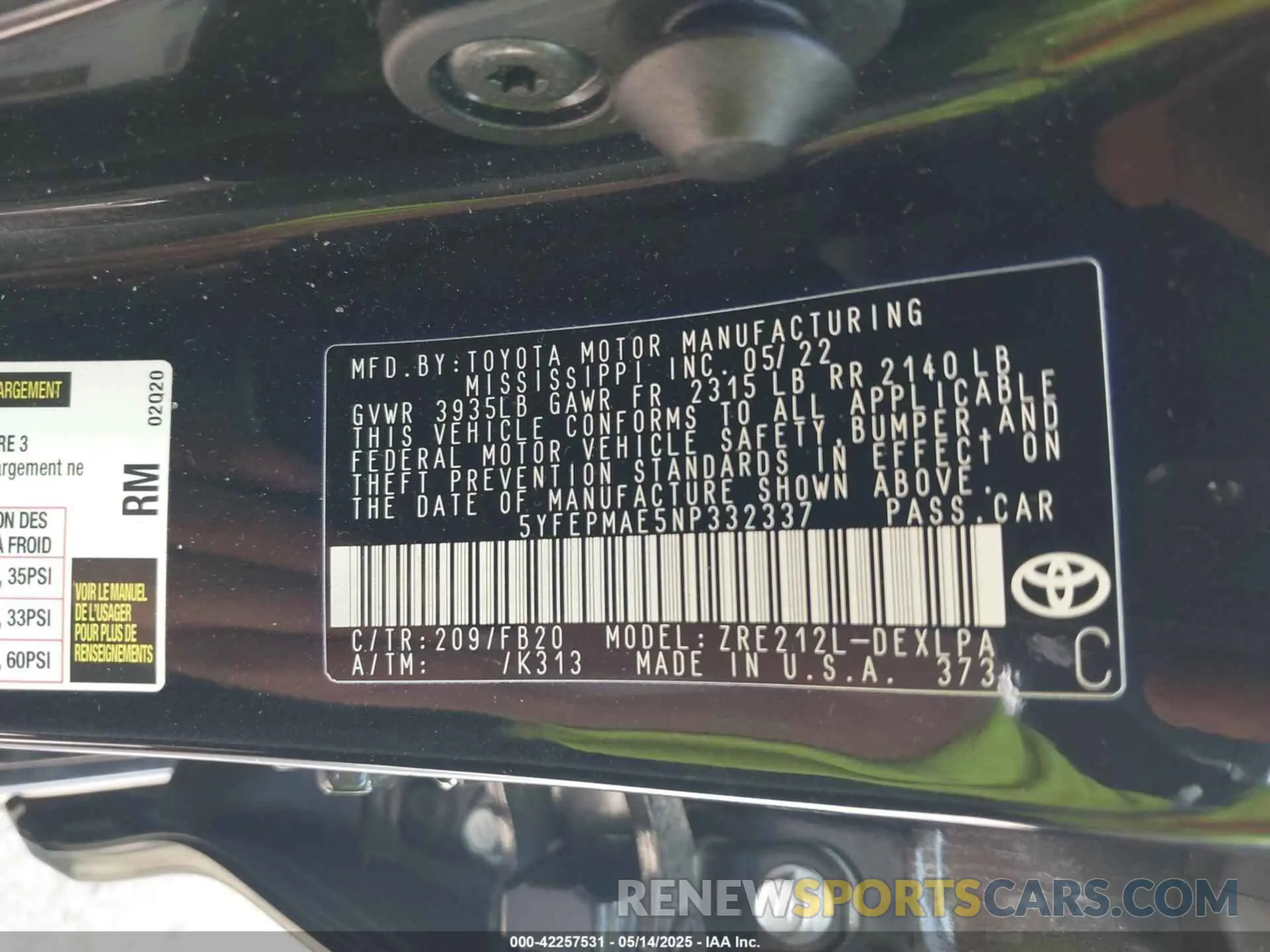 9 Photograph of a damaged car 5YFEPMAE5NP332337 TOYOTA COROLLA 2022