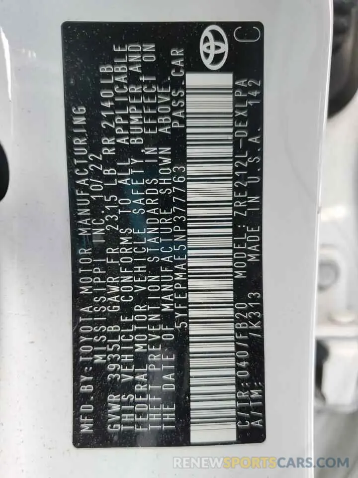 12 Photograph of a damaged car 5YFEPMAE5NP377763 TOYOTA COROLLA 2022