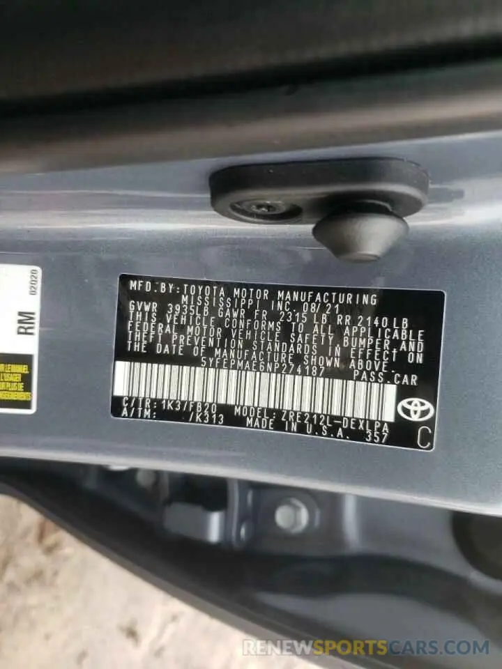 10 Photograph of a damaged car 5YFEPMAE6NP274187 TOYOTA COROLLA 2022