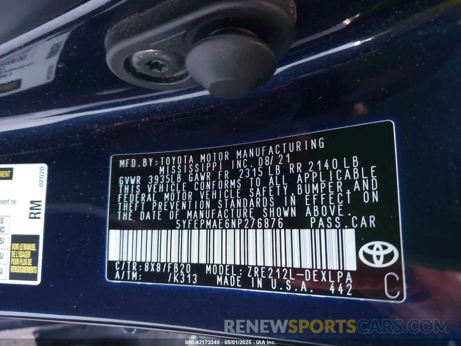 9 Фотография поврежденного автомобиля 5YFEPMAE6NP276876 TOYOTA COROLLA 2022