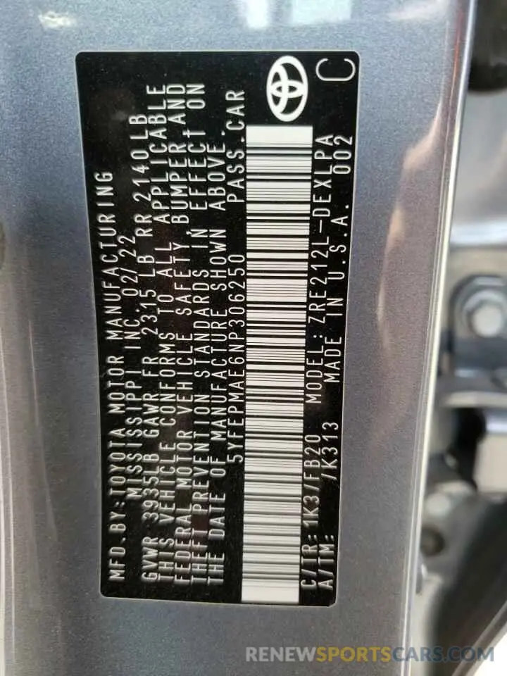 13 Фотография поврежденного автомобиля 5YFEPMAE6NP306250 TOYOTA COROLLA 2022
