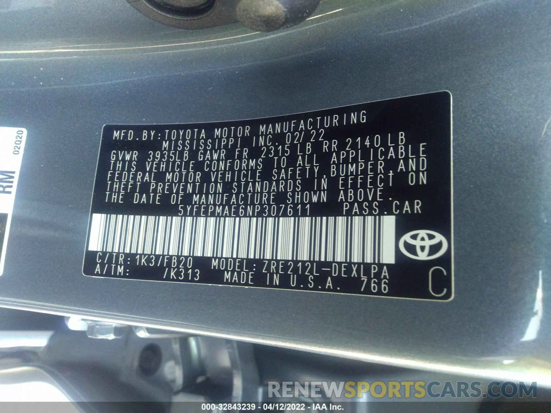 9 Photograph of a damaged car 5YFEPMAE6NP307611 TOYOTA COROLLA 2022