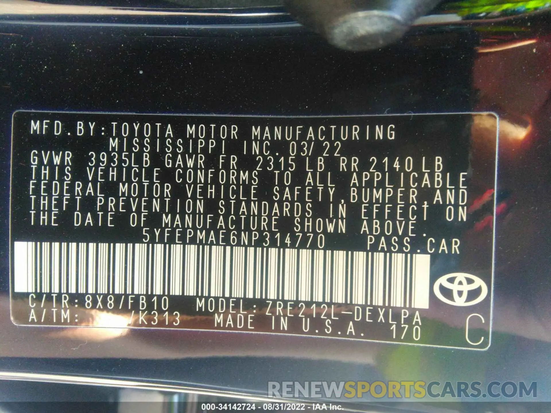 9 Photograph of a damaged car 5YFEPMAE6NP314770 TOYOTA COROLLA 2022