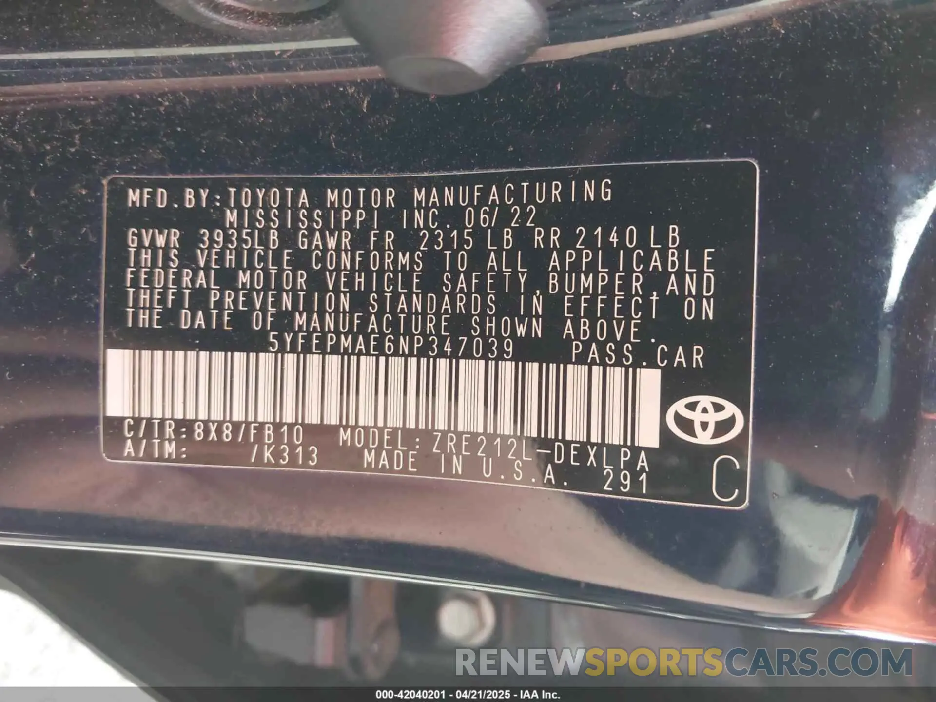 9 Фотография поврежденного автомобиля 5YFEPMAE6NP347039 TOYOTA COROLLA 2022