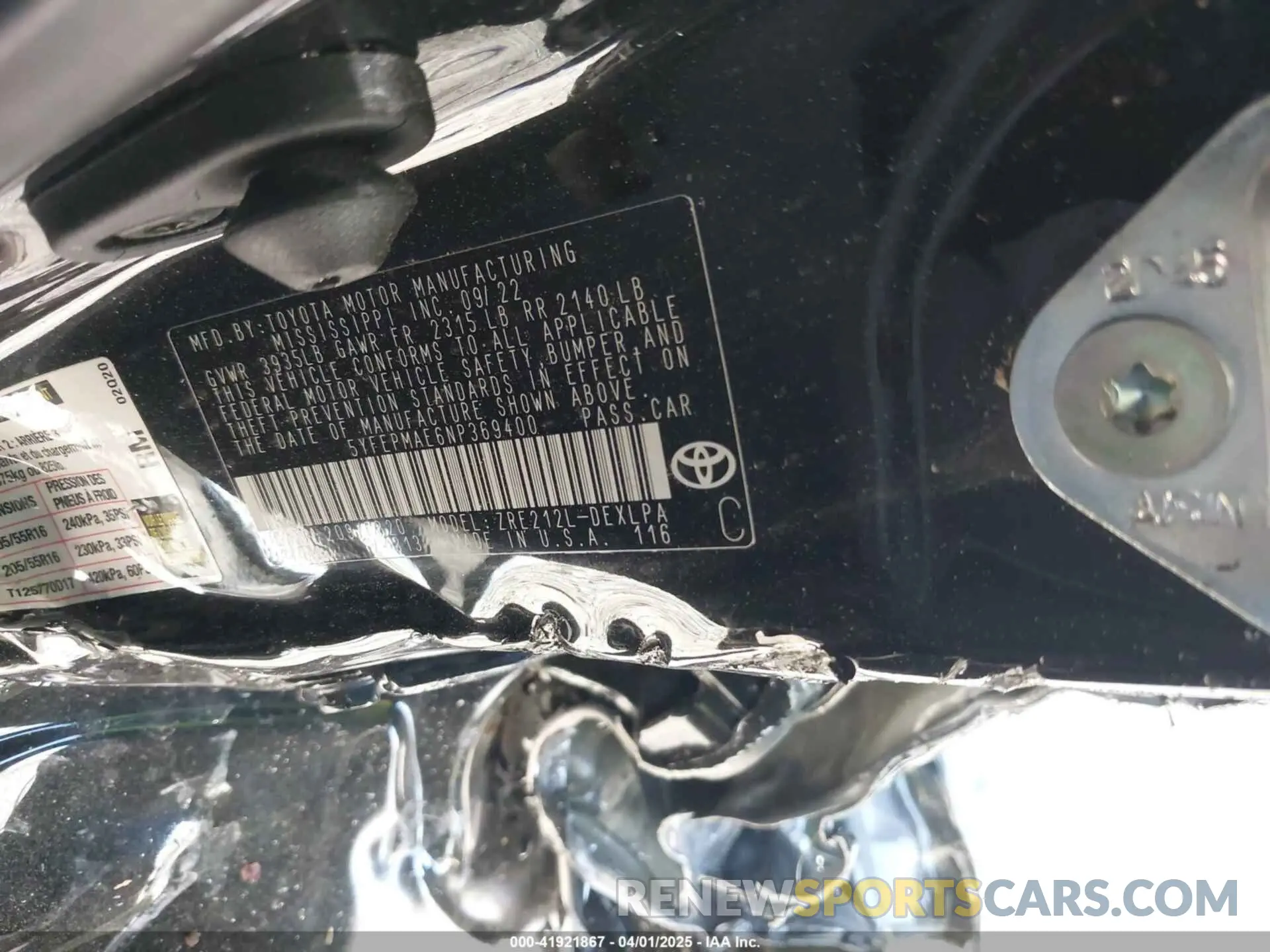 9 Фотография поврежденного автомобиля 5YFEPMAE6NP369400 TOYOTA COROLLA 2022