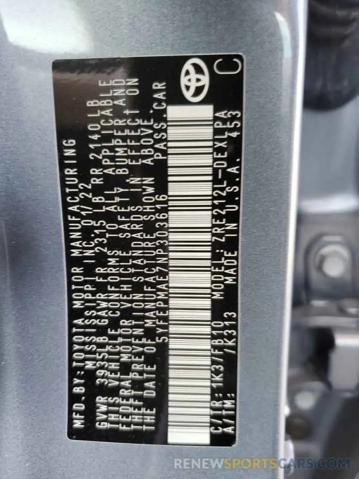 12 Фотография поврежденного автомобиля 5YFEPMAE7NP303616 TOYOTA COROLLA 2022