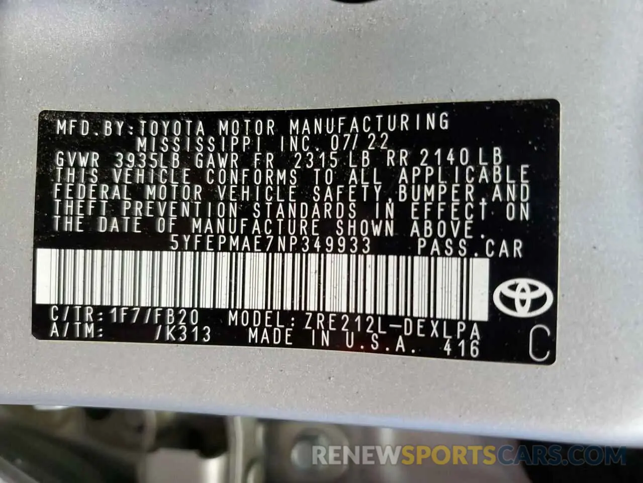 13 Photograph of a damaged car 5YFEPMAE7NP349933 TOYOTA COROLLA 2022