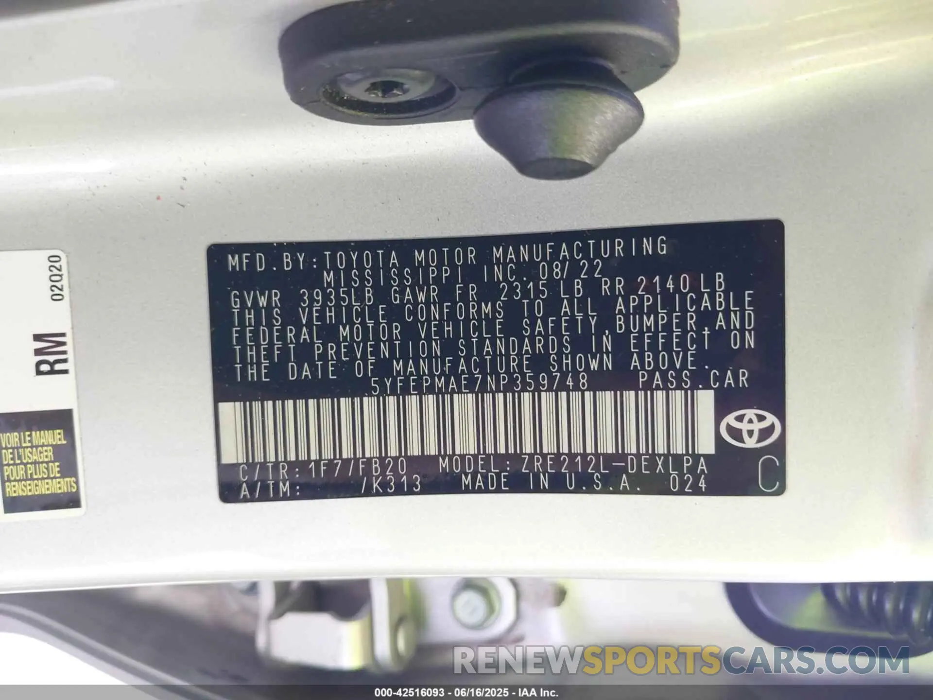 9 Фотография поврежденного автомобиля 5YFEPMAE7NP359748 TOYOTA COROLLA 2022