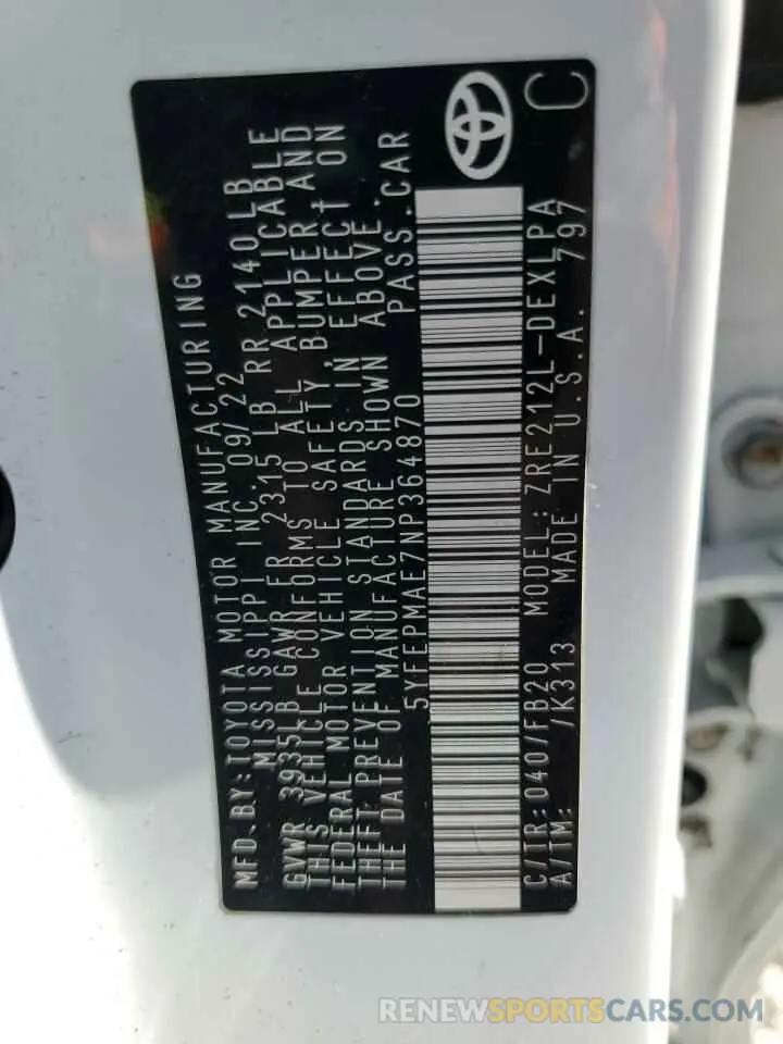 12 Photograph of a damaged car 5YFEPMAE7NP364870 TOYOTA COROLLA 2022