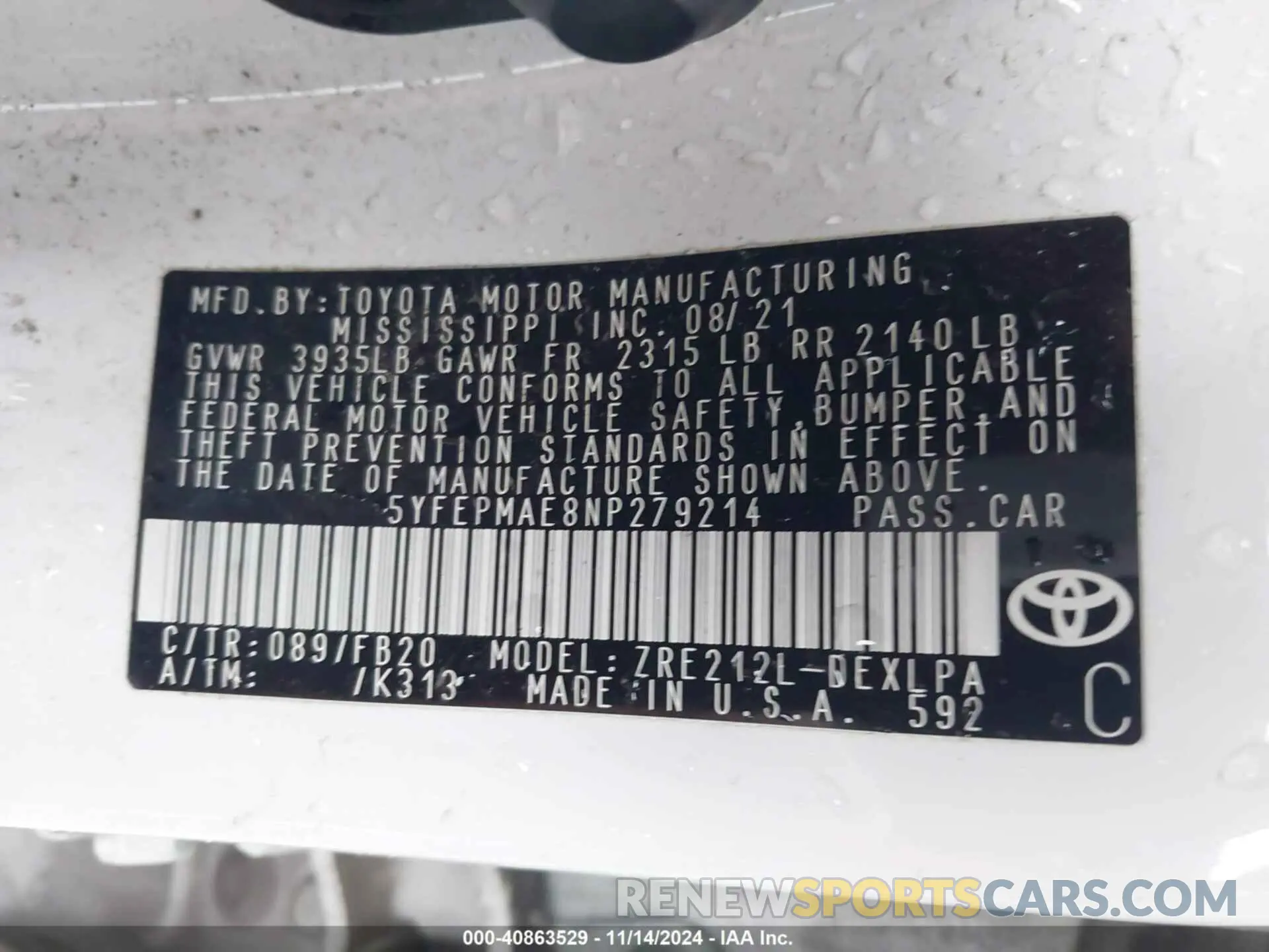 9 Фотография поврежденного автомобиля 5YFEPMAE8NP279214 TOYOTA COROLLA 2022