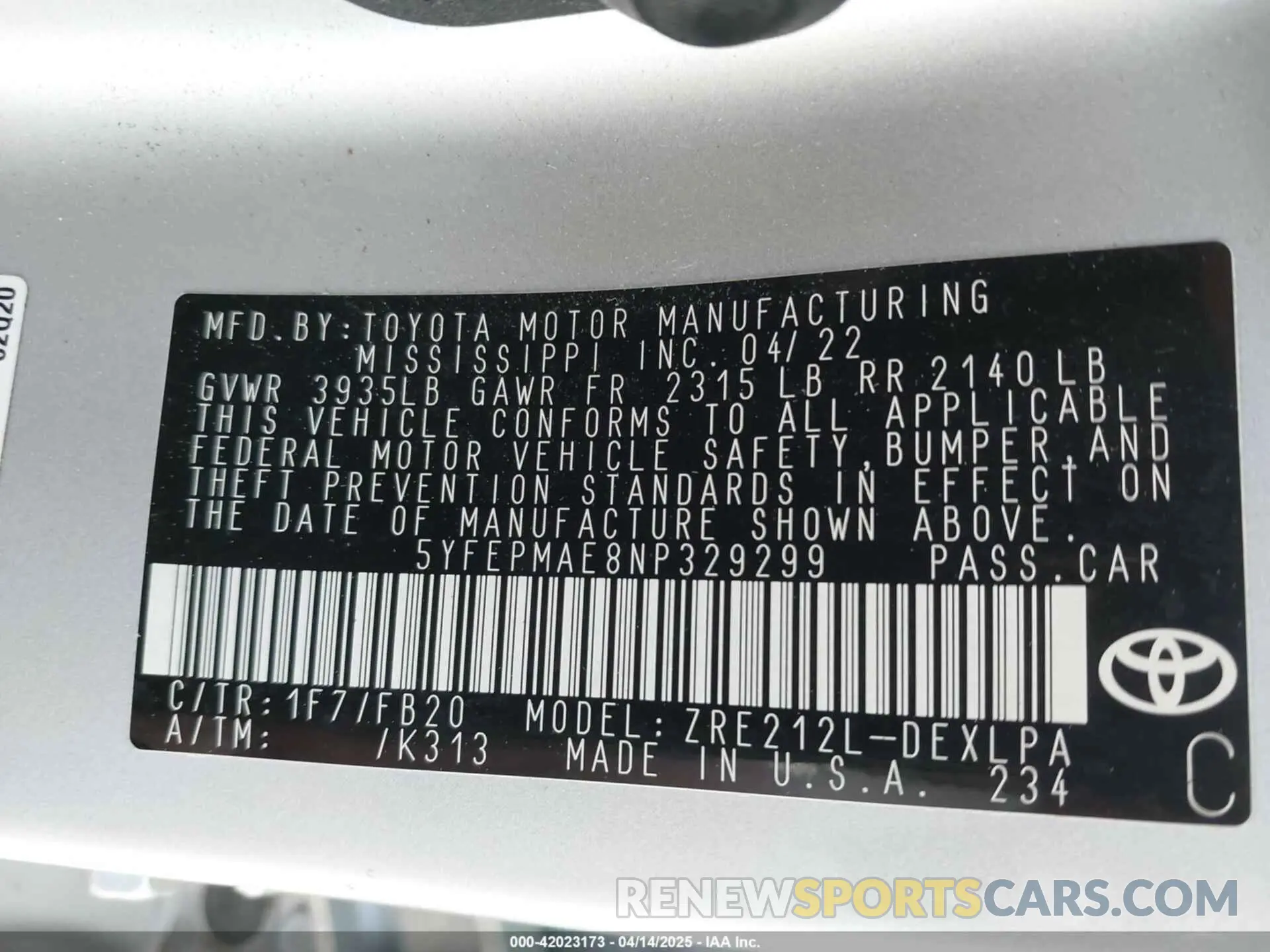 9 Фотография поврежденного автомобиля 5YFEPMAE8NP329299 TOYOTA COROLLA 2022