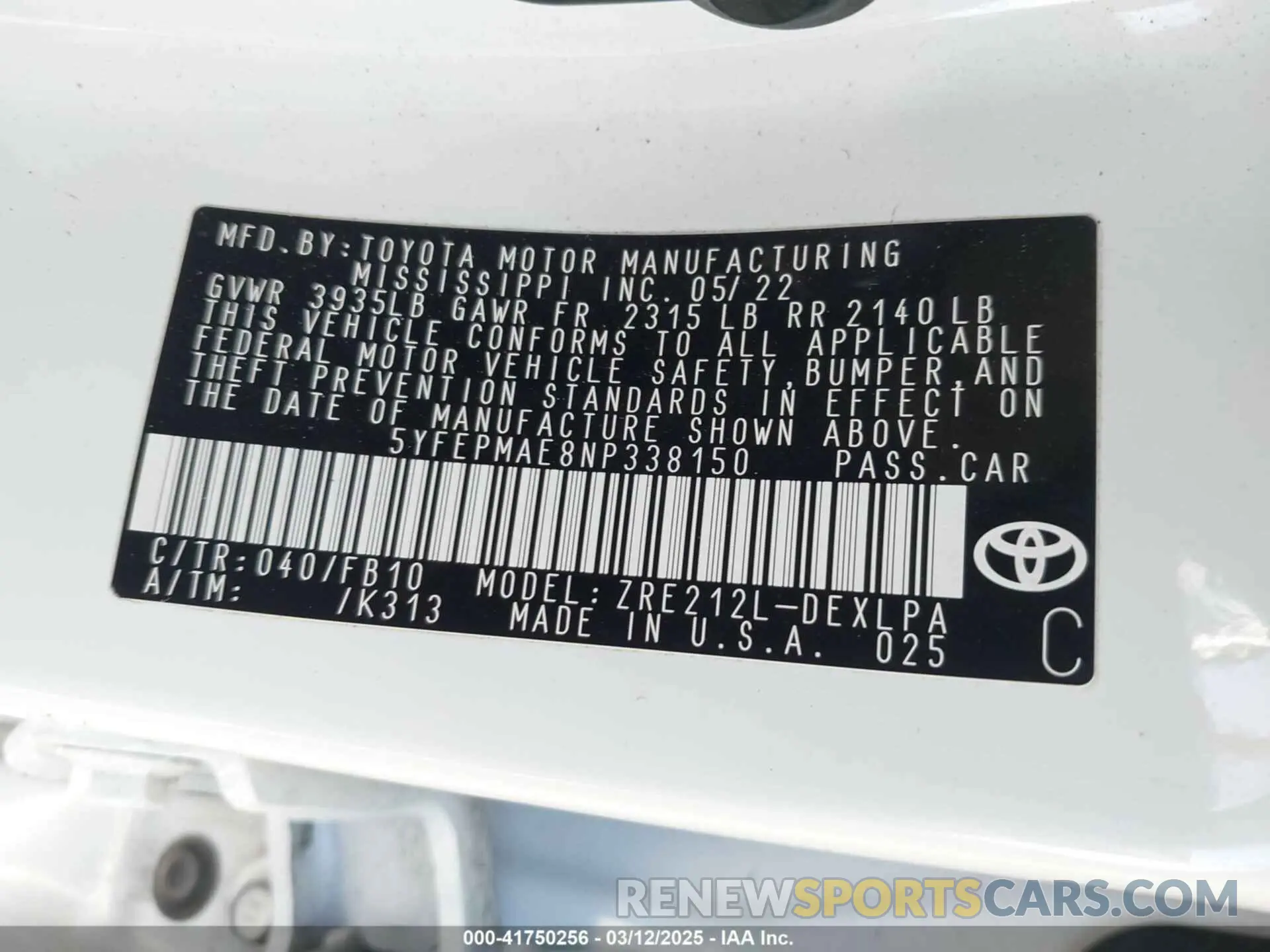 9 Photograph of a damaged car 5YFEPMAE8NP338150 TOYOTA COROLLA 2022