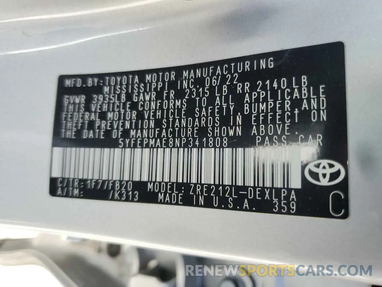13 Photograph of a damaged car 5YFEPMAE8NP341808 TOYOTA COROLLA 2022