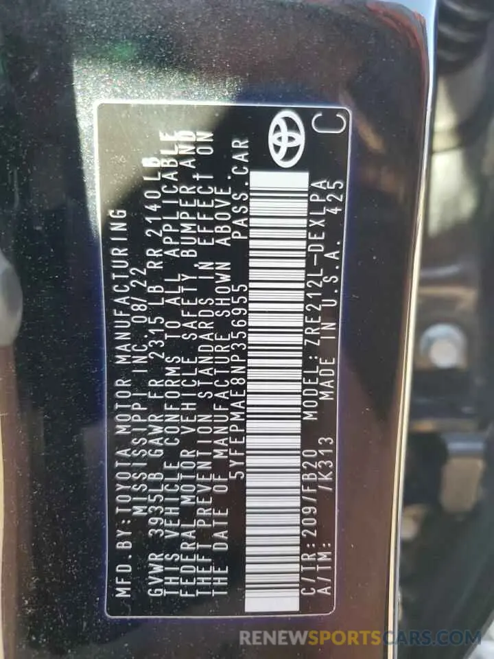 14 Фотография поврежденного автомобиля 5YFEPMAE8NP356955 TOYOTA COROLLA 2022