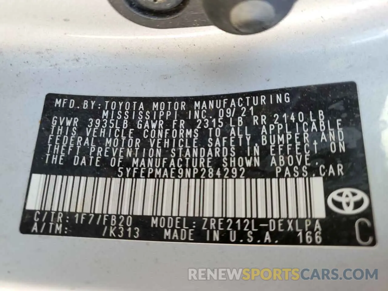 10 Photograph of a damaged car 5YFEPMAE9NP284292 TOYOTA COROLLA 2022